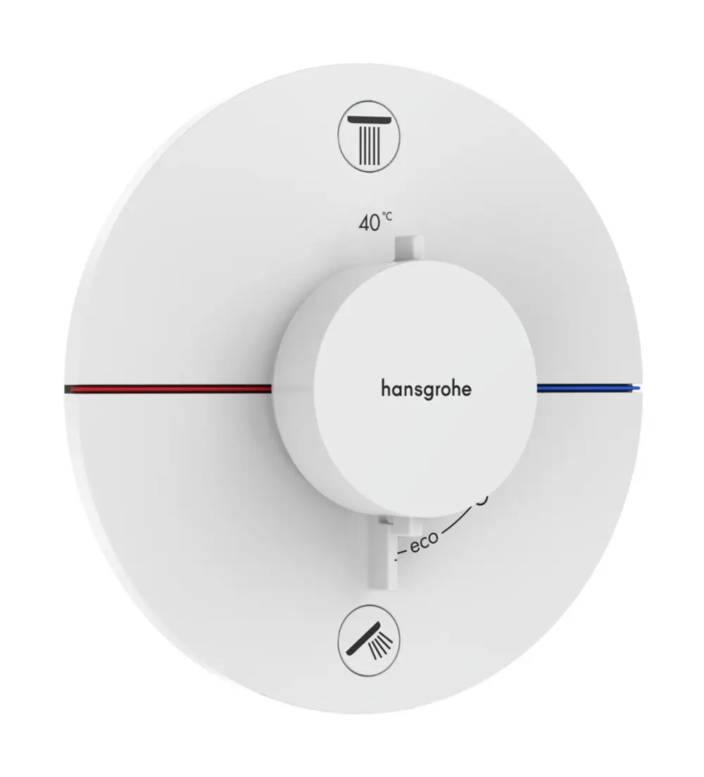 Thermostat von Hansgrohe, präsentiert in weißem Design, mit Drehregler zur Temperatureinstellung und Icons für Funktionen wie Eco und verschiedene Verbrauchermöglichkeiten.